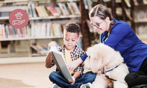 Ein ausgebildeter Schulhund hilft als Lesehund einem Grundschüler.